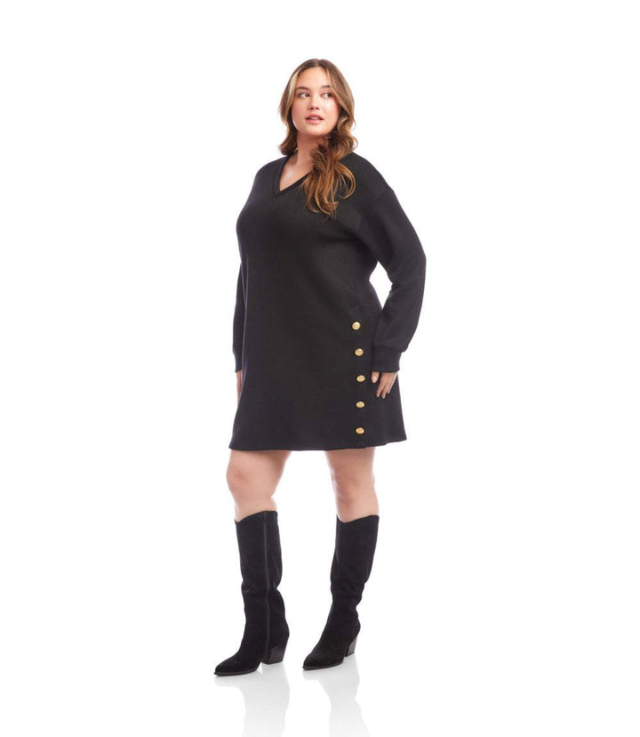 Plus Size Long Sleeve V-Neck Button Detail Dress