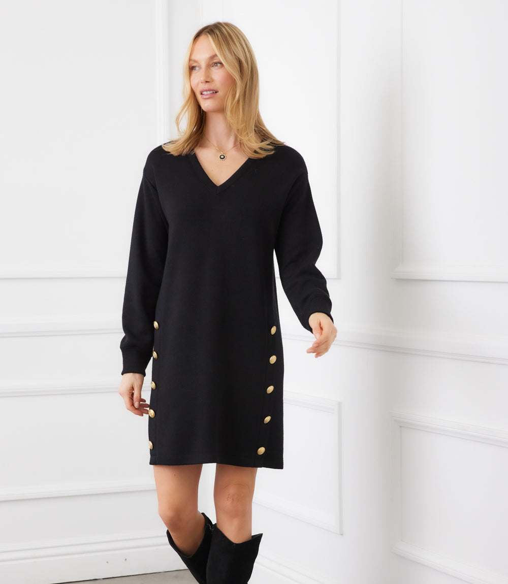 Long Sleeve V-Neck Button Detail Dress