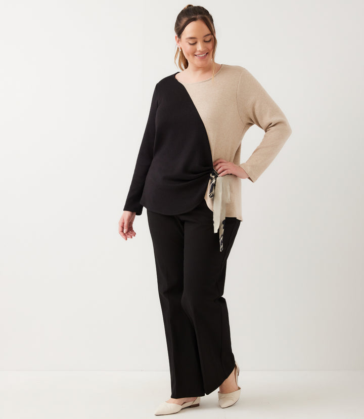 Plus Size Long Sleeve Colorblock Satin Bow Top