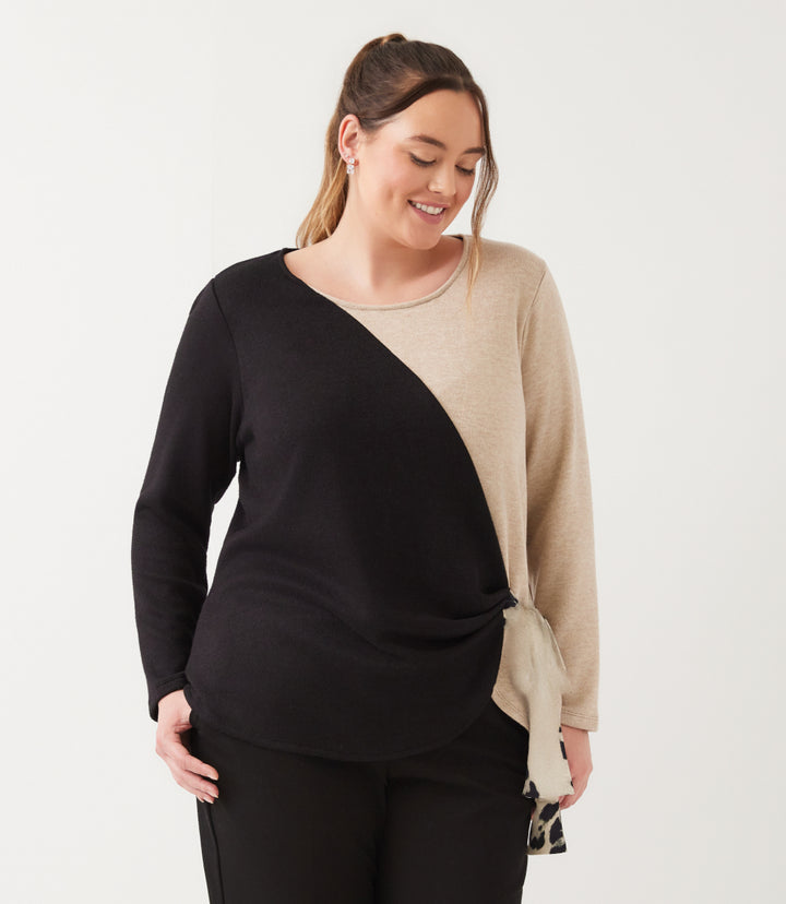 Plus Size Long Sleeve Colorblock Satin Bow Top