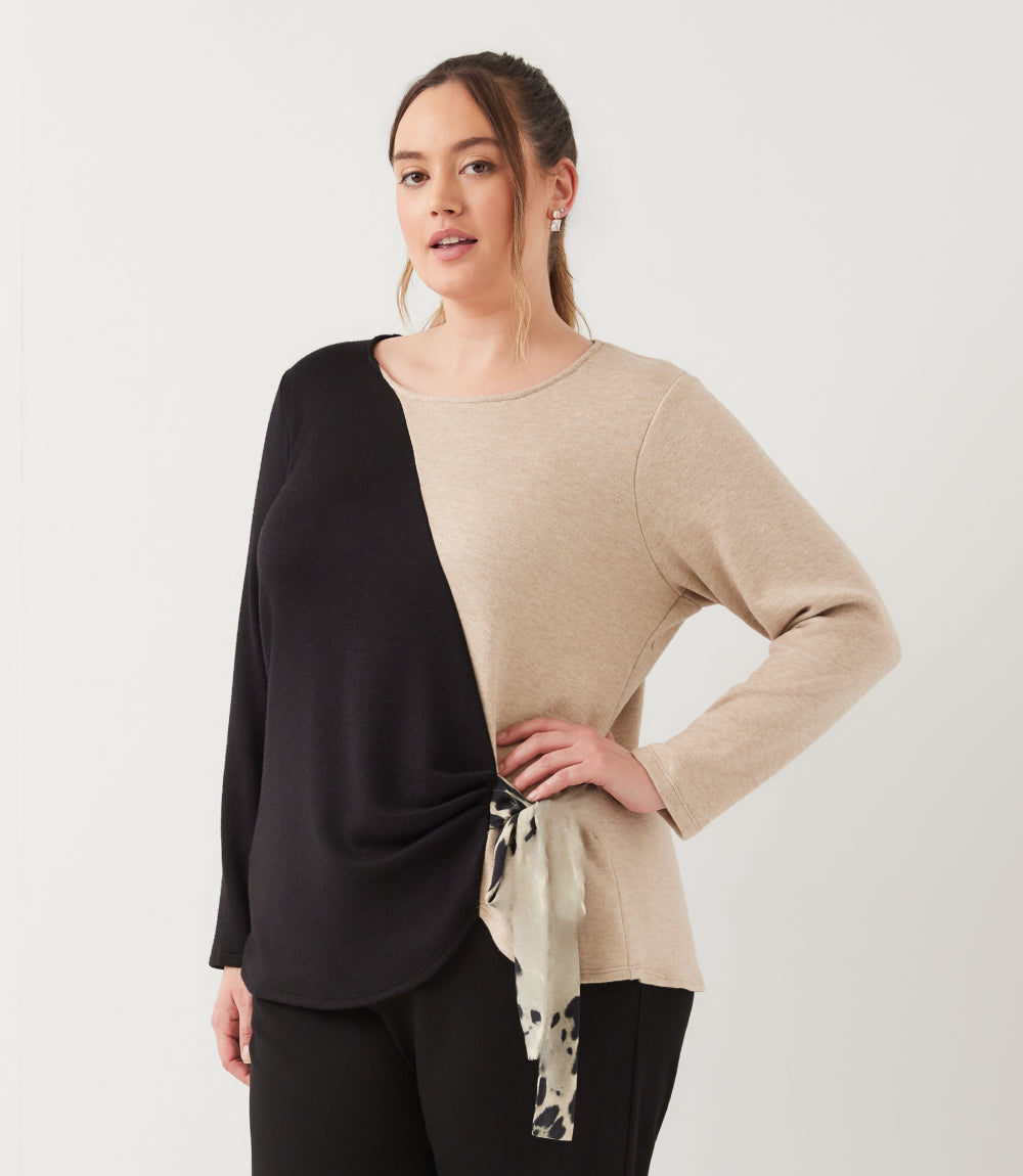 Plus Size Long Sleeve Colorblock Satin Bow Top