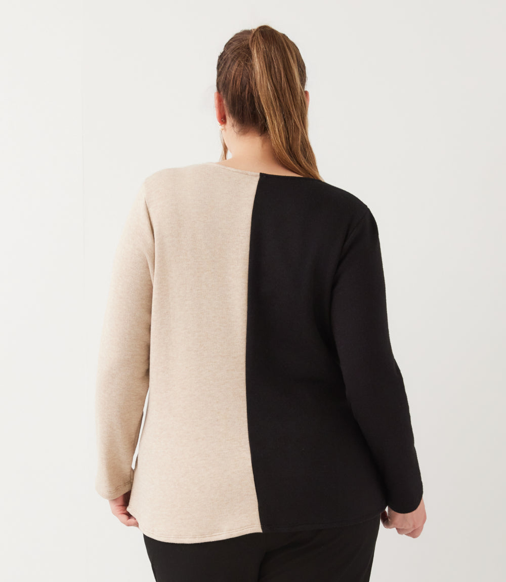Plus Size Long Sleeve Colorblock Satin Bow Top