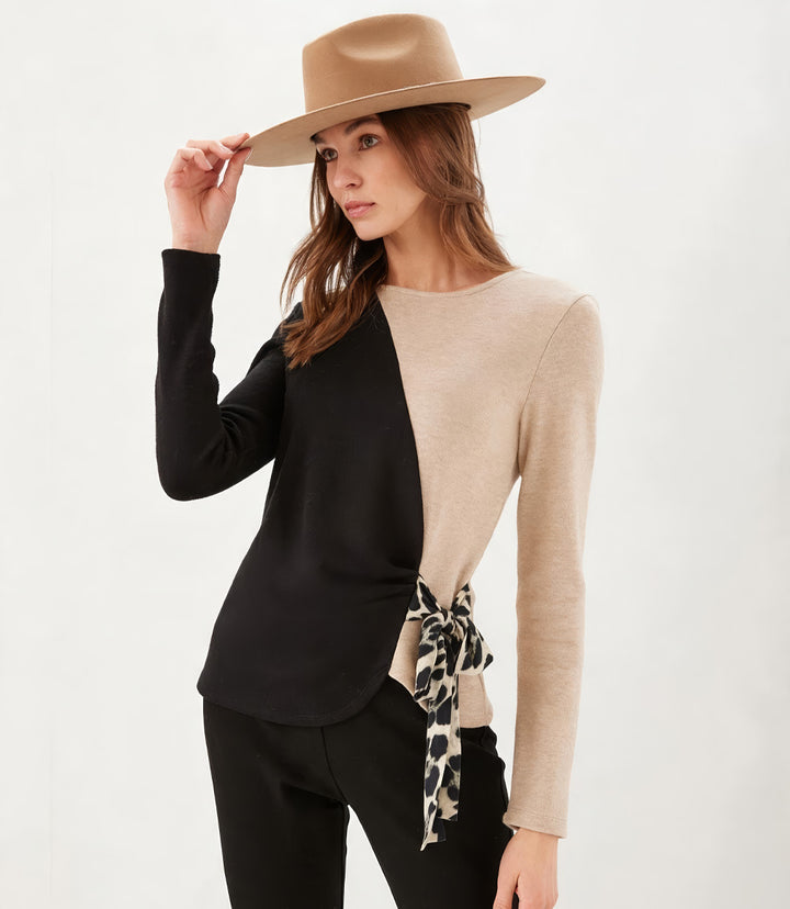 Petite Size Long Sleeve Colorblock Satin Bow Top