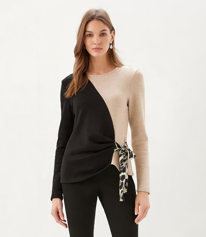Long Sleeve Colorblock Satin Bow Top