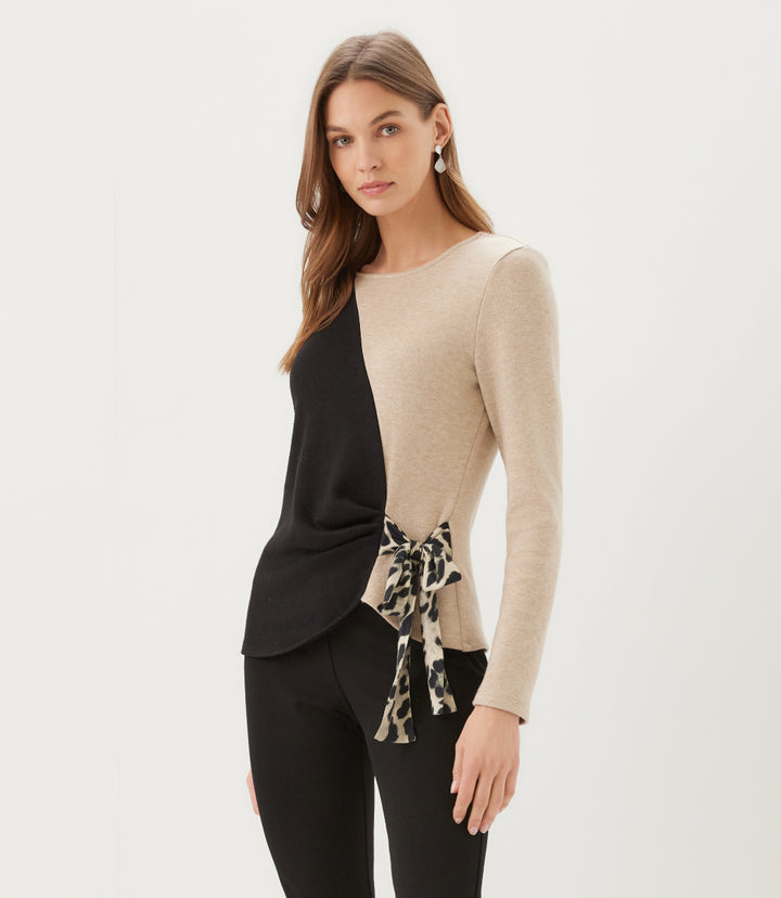 Long Sleeve Colorblock Satin Bow Top