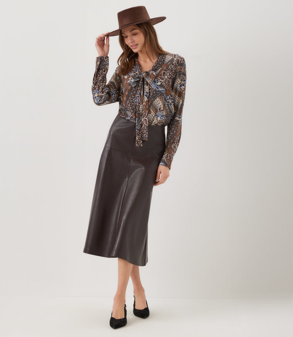 Petite Size Faux Leather Midi Skirt