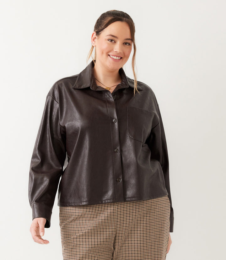 Plus Size Faux Leather Long Sleeve Button-Up Shirt