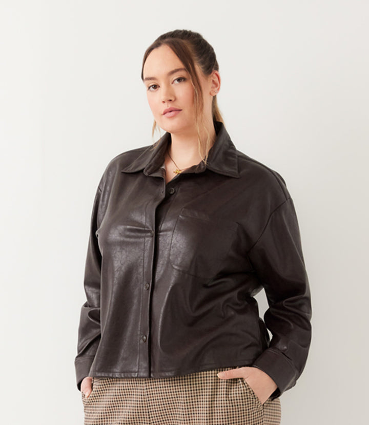 Plus Size Faux Leather Long Sleeve Button-Up Shirt