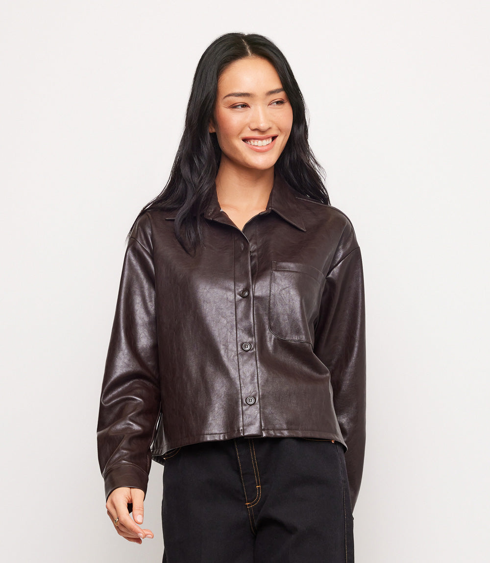 Faux Leather Long Sleeve Button-Up Shirt
