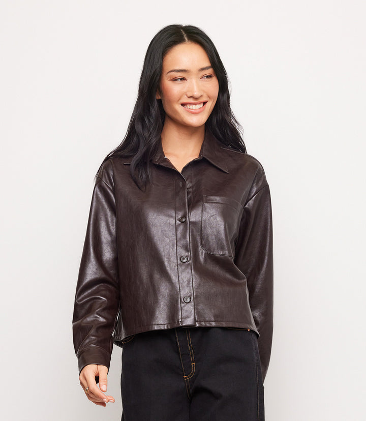 Faux Leather Long Sleeve Button-Up Shirt