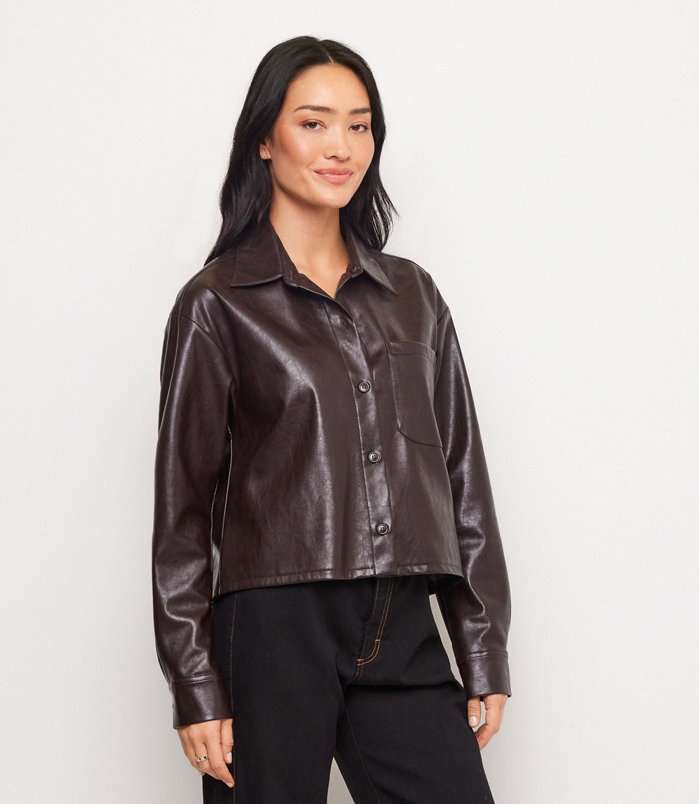 Faux Leather Long Sleeve Button-Up Shirt