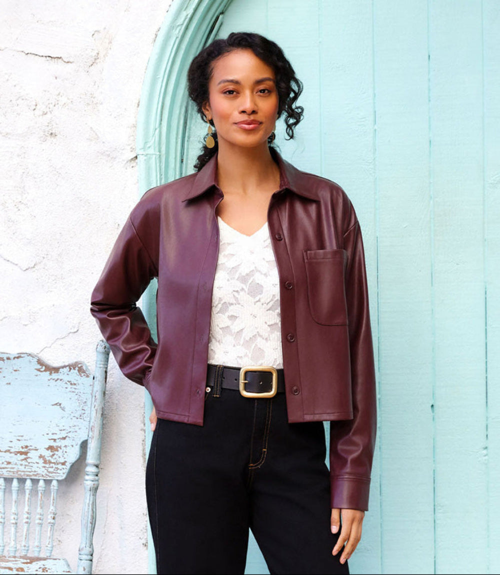 Faux Leather Long Sleeve Button-Up Shirt