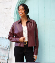 Petite Size Faux Leather Long Sleeve Button-Up Shirt