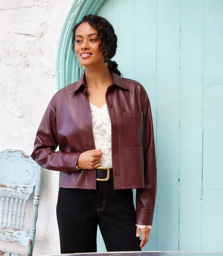 Petite Size Faux Leather Long Sleeve Button-Up Shirt