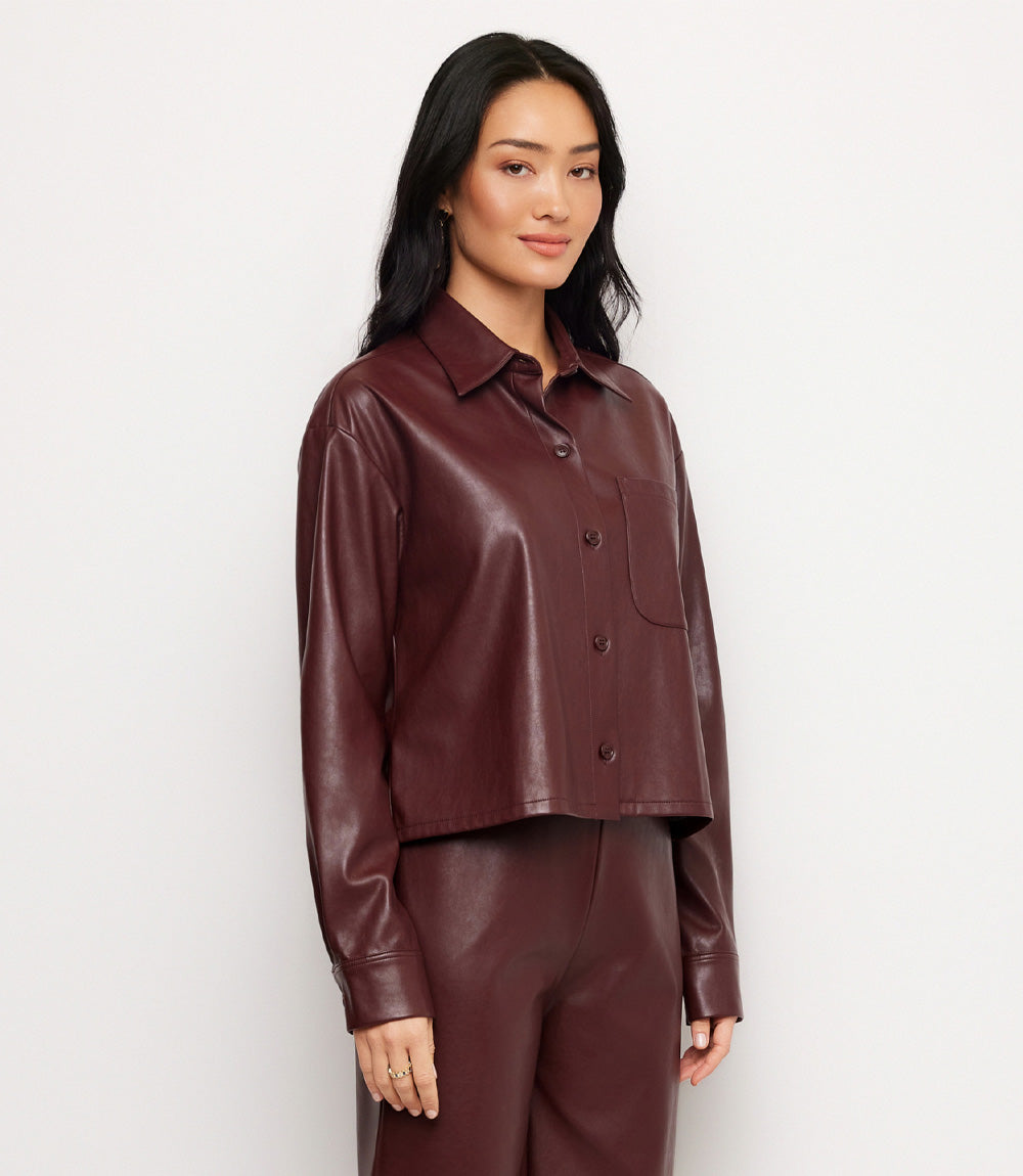 Faux Leather Long Sleeve Button-Up Shirt