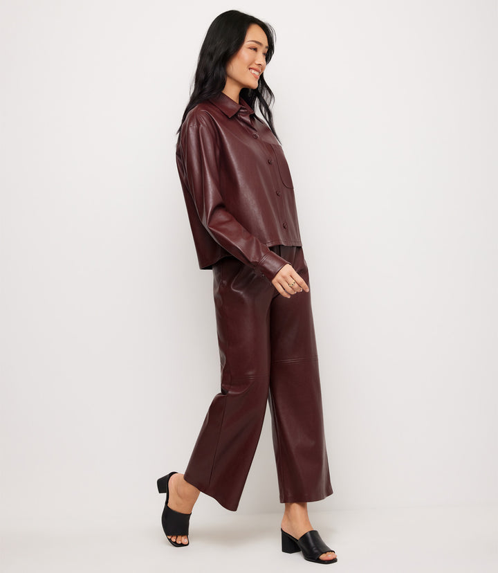Faux Leather Long Sleeve Button-Up Shirt