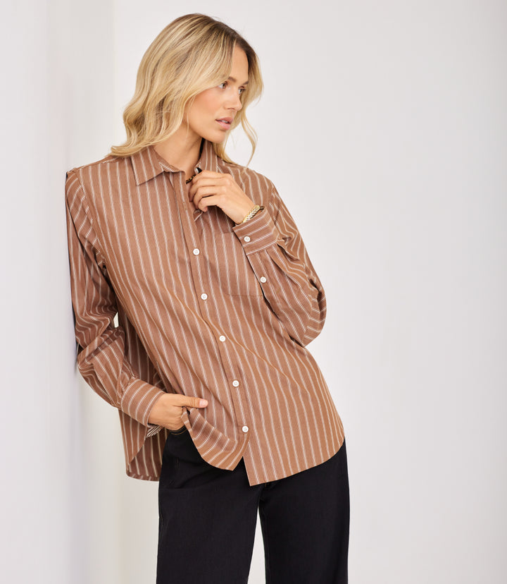 Stripe Long Sleeve Single Pocket Button-Up Shirt