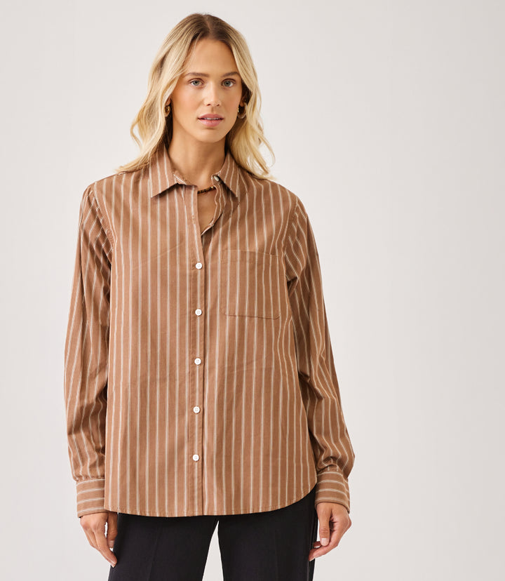 Stripe Long Sleeve Single Pocket Button-Up Shirt