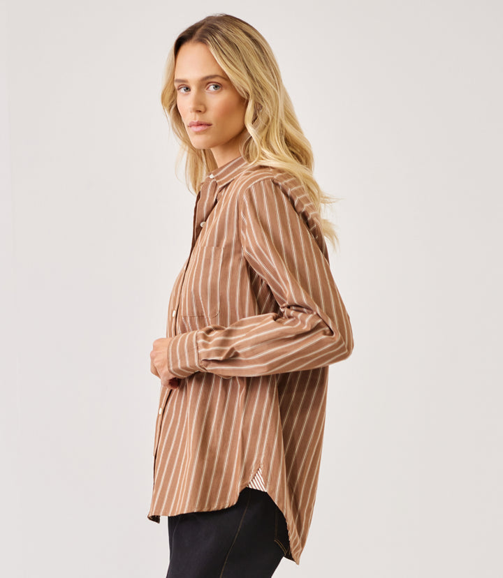 Stripe Long Sleeve Single Pocket Button-Up Shirt