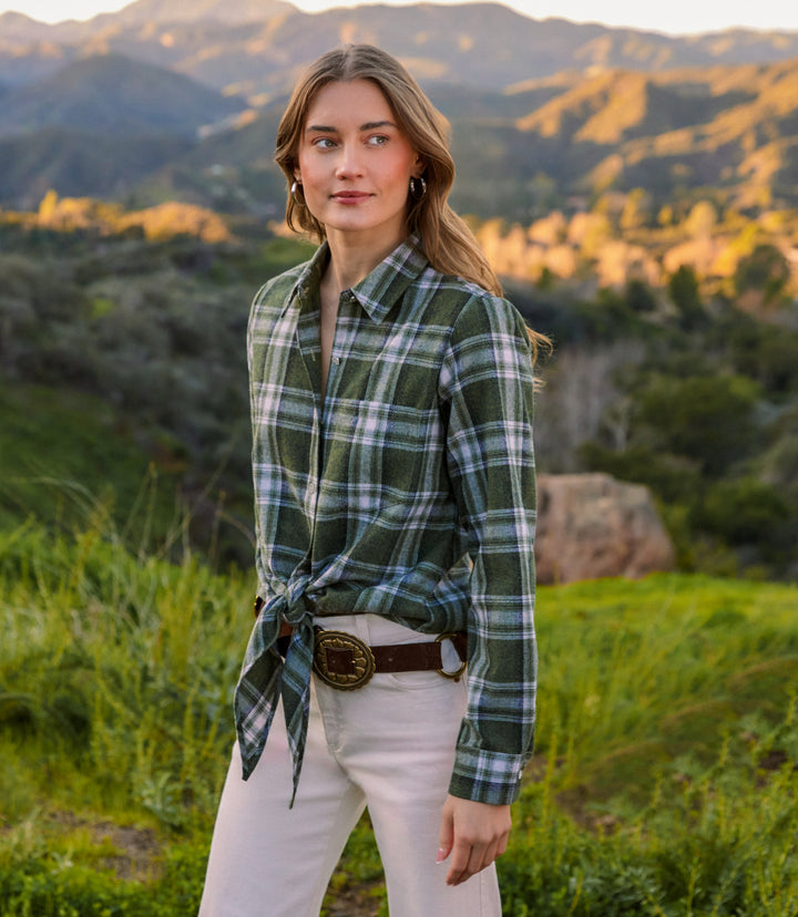 Long Sleeve Plaid Tie-Front Shirt