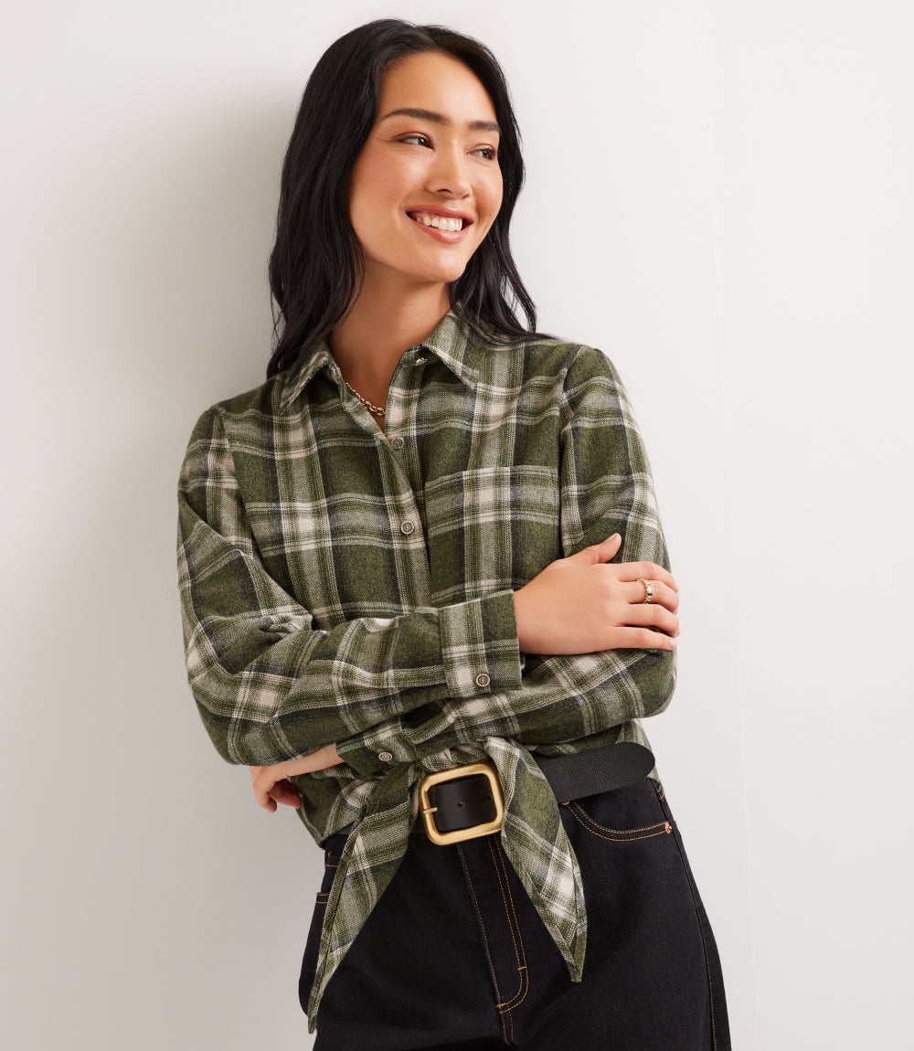 Long Sleeve Plaid Tie-Front Shirt