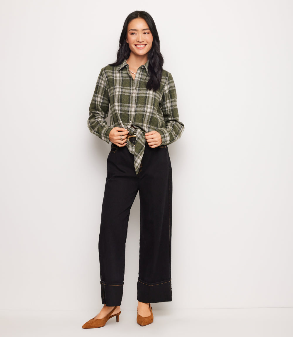 Long Sleeve Plaid Tie-Front Shirt