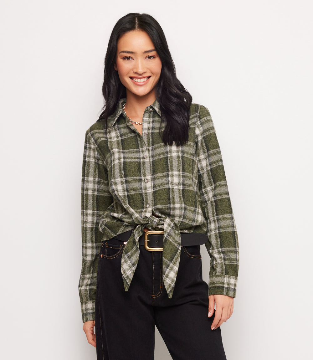 Long Sleeve Plaid Tie-Front Shirt