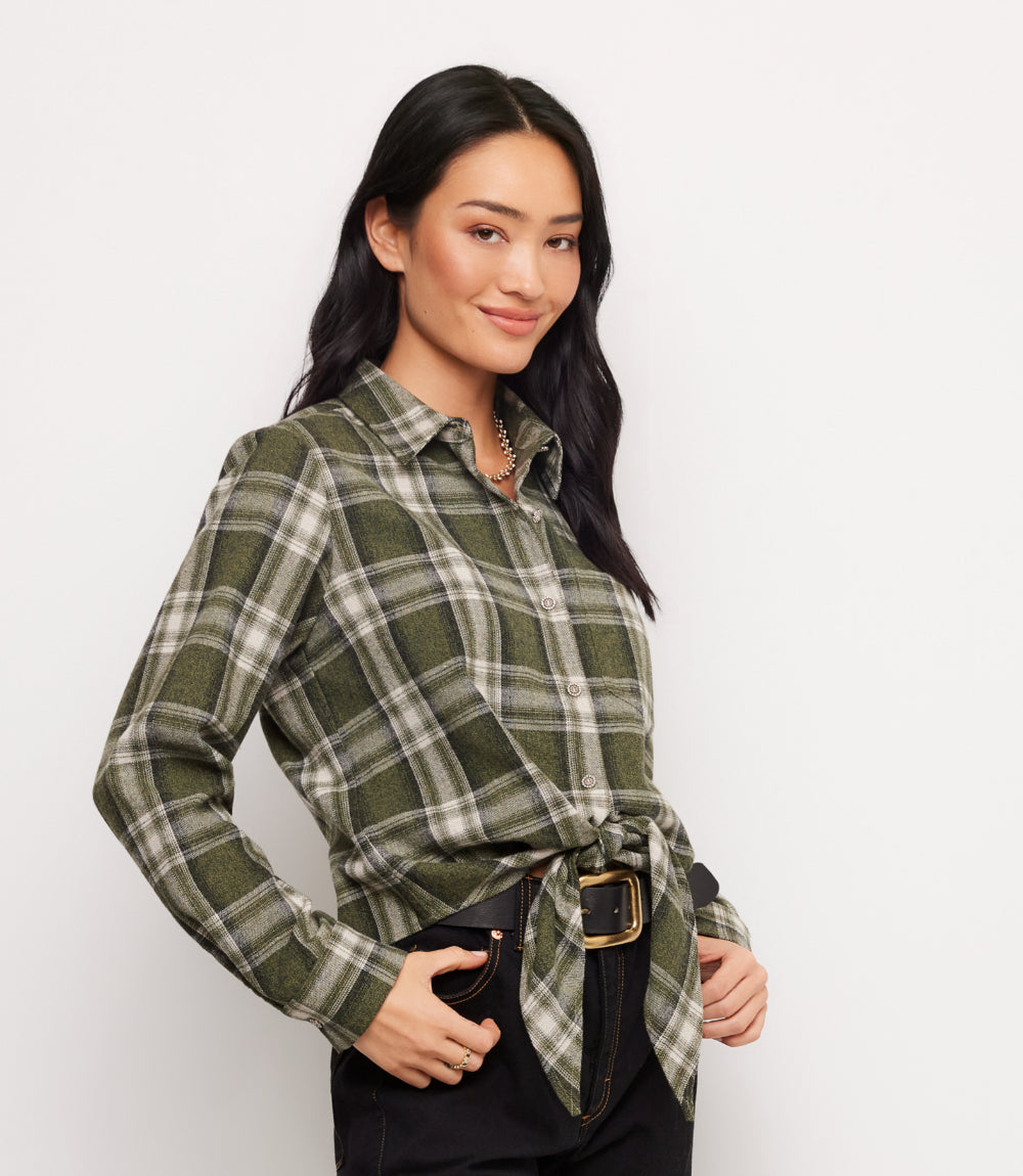 Long Sleeve Plaid Tie-Front Shirt