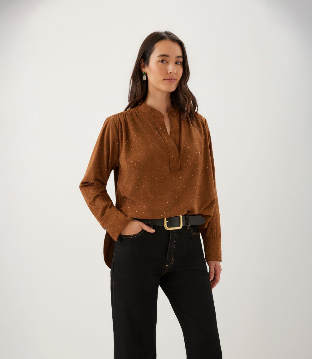 Petite Size Faux Suede Embellished Half-Placket Shirt