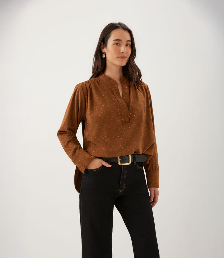 Petite Size Faux Suede Embellished Half-Placket Shirt