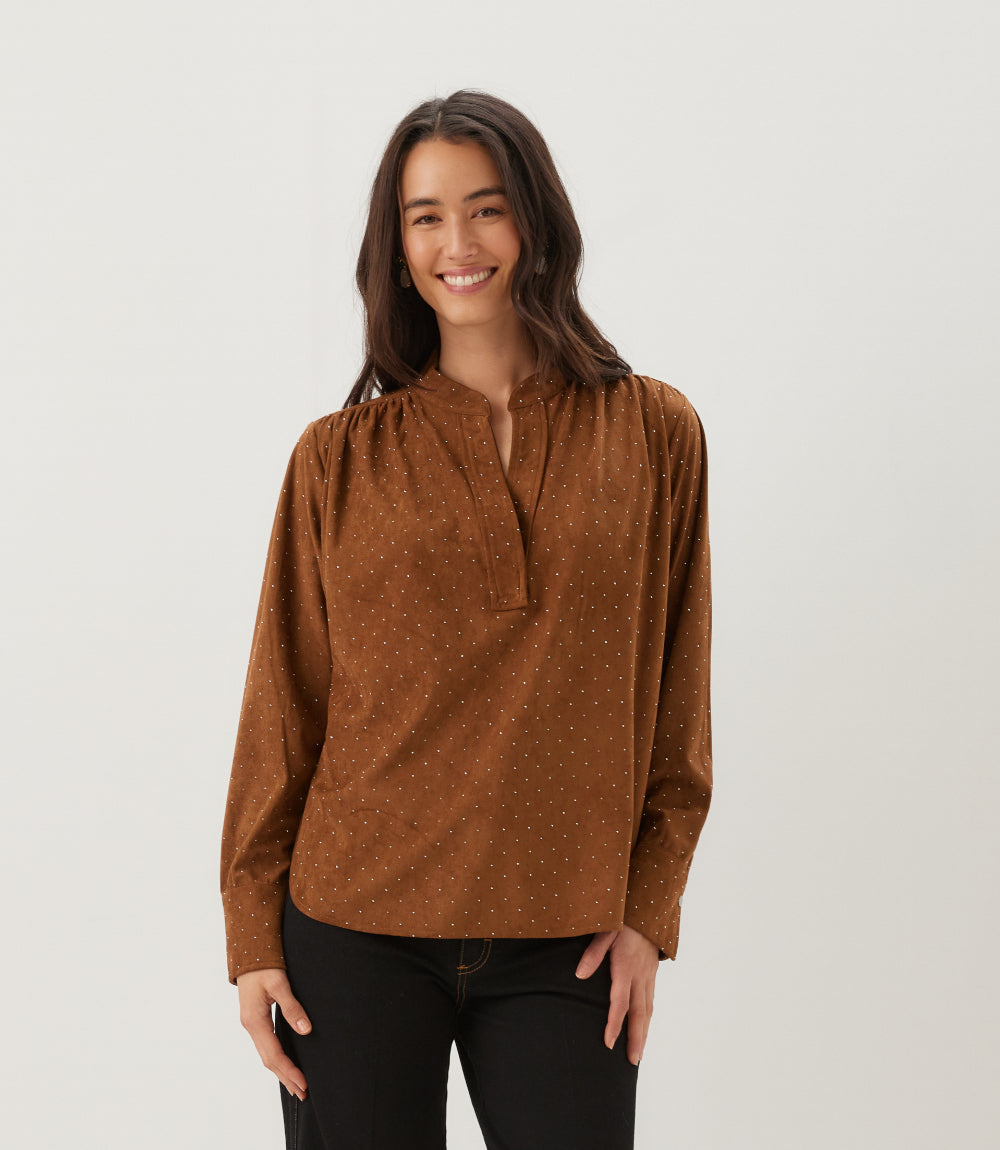 Petite Size Faux Suede Embellished Half-Placket Shirt