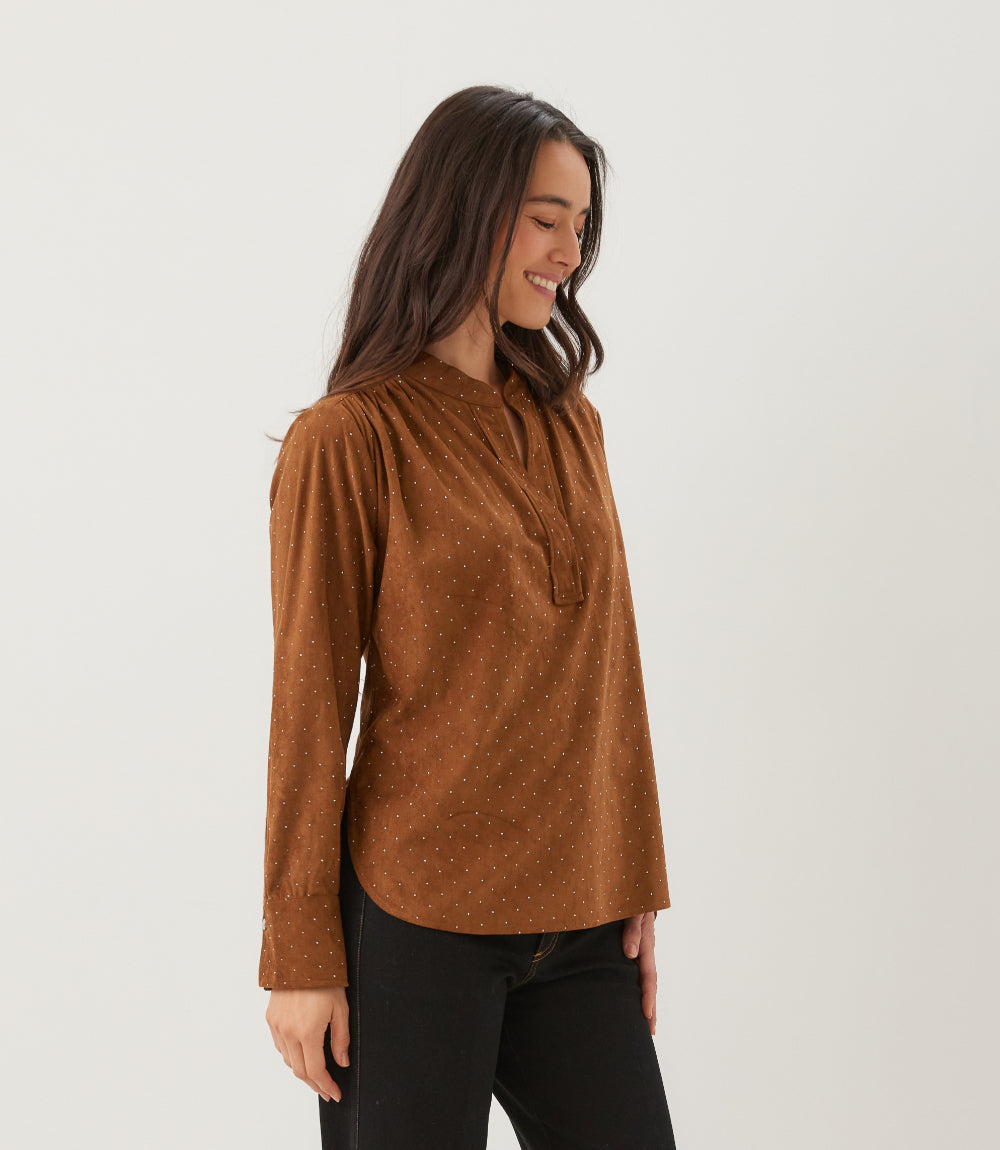 Petite Size Faux Suede Embellished Half-Placket Shirt