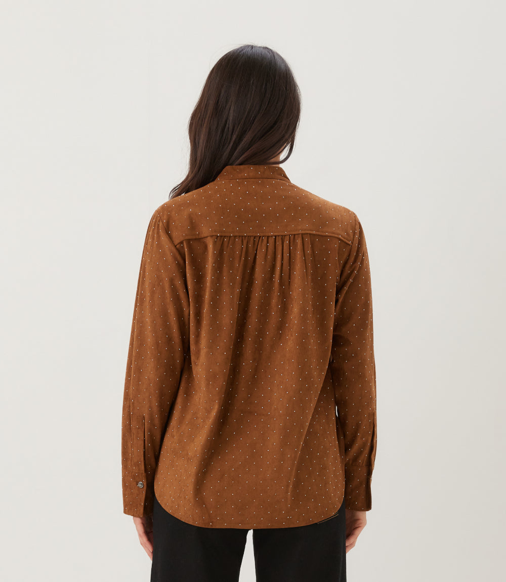 Petite Size Faux Suede Embellished Half-Placket Shirt