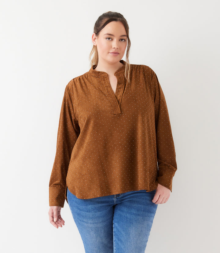 Plus Size Faux Suede Embellished Half-Placket Shirt