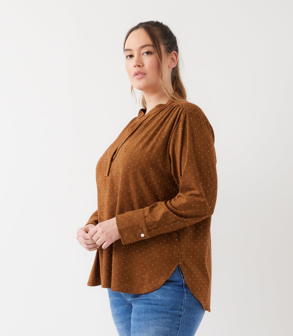 Plus Size Faux Suede Embellished Half-Placket Shirt
