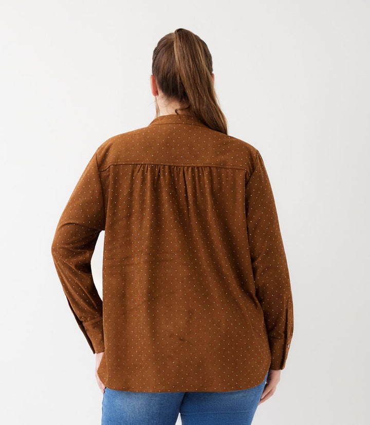 Plus Size Faux Suede Embellished Half-Placket Shirt