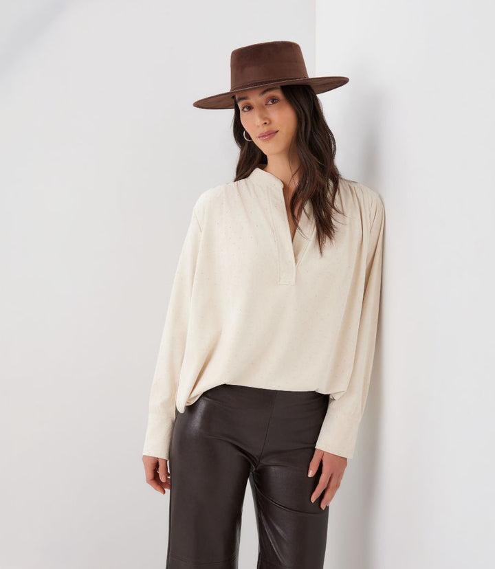 Faux Suede Embellished Half-Placket Shirt