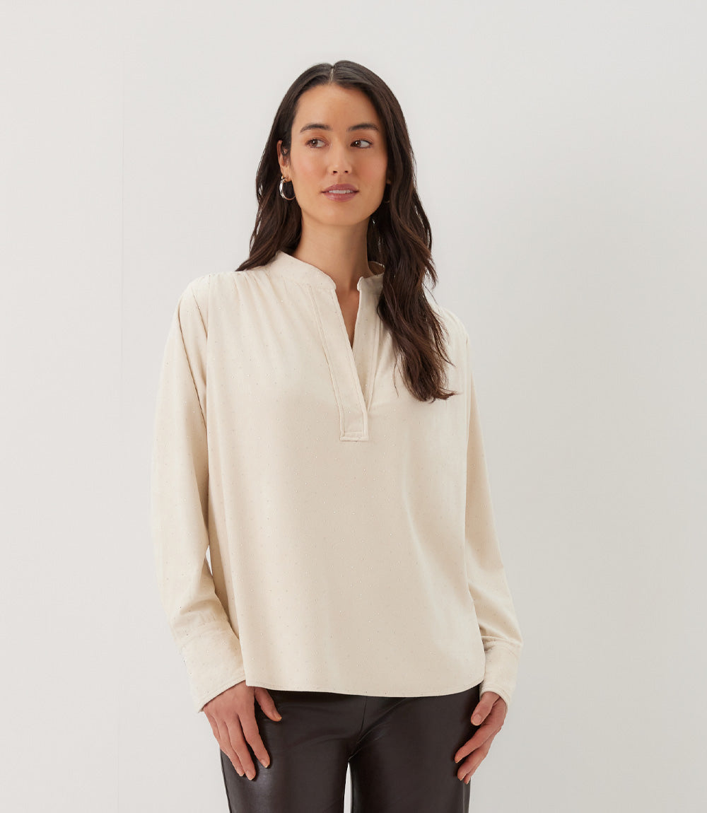 Faux Suede Embellished Half-Placket Shirt