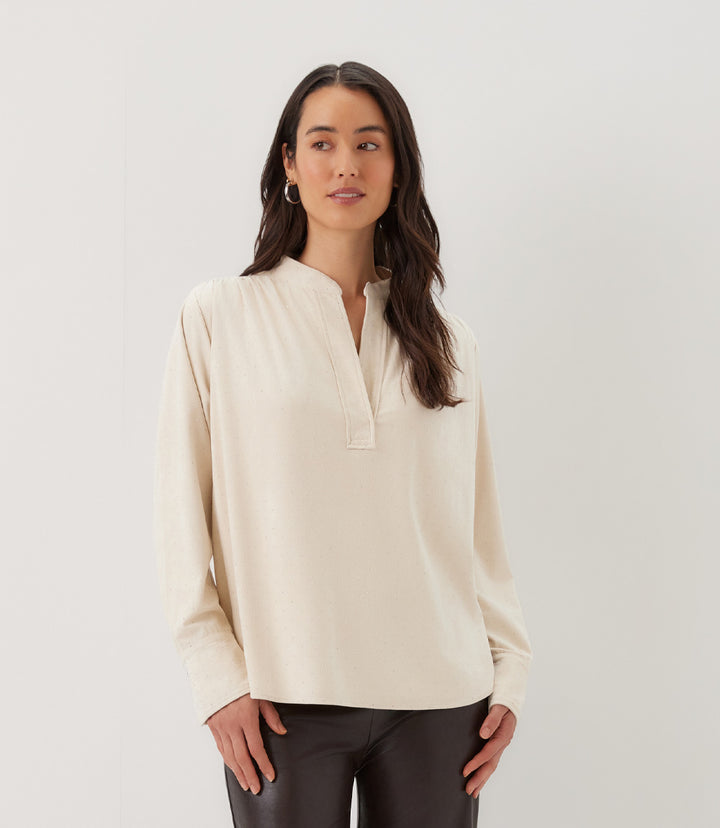Faux Suede Embellished Half-Placket Shirt