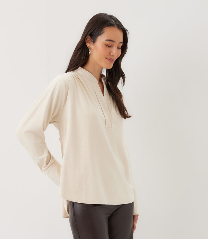 Faux Suede Embellished Half-Placket Shirt
