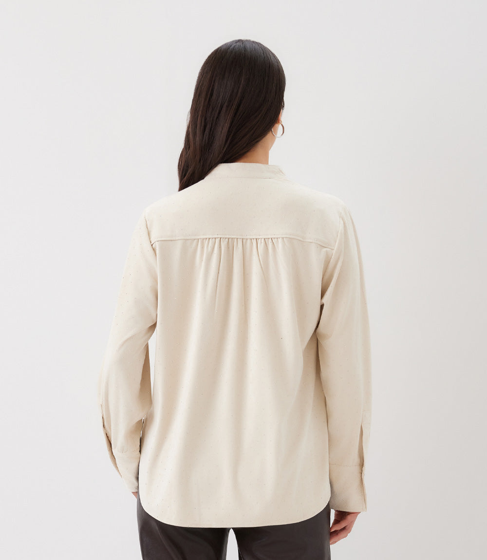 Faux Suede Embellished Half-Placket Shirt