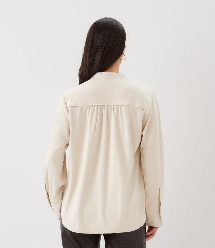 Faux Suede Embellished Half-Placket Shirt