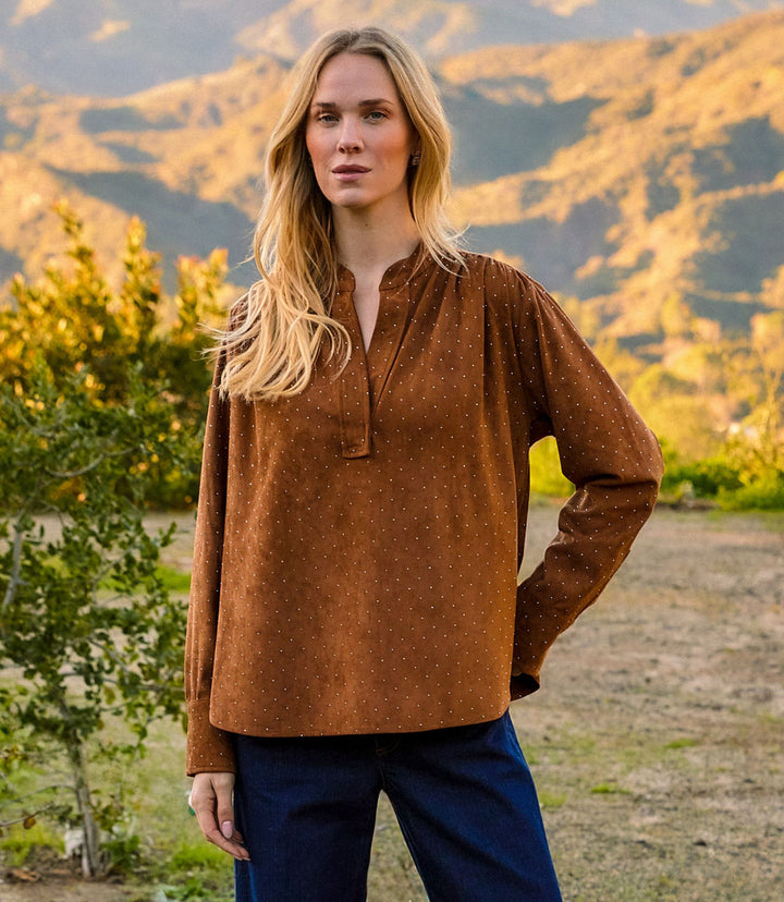 Petite Size Faux Suede Embellished Half-Placket Shirt
