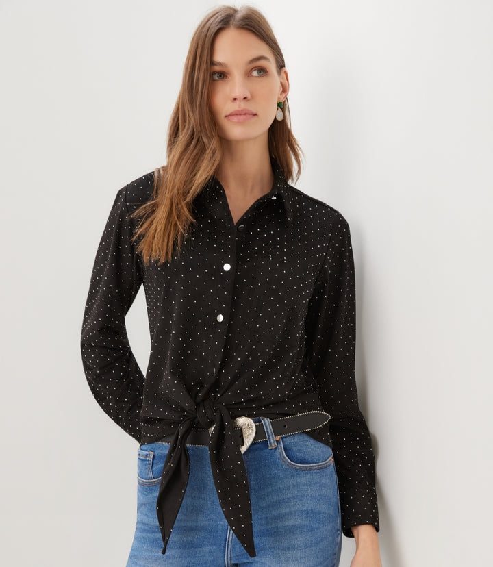 Faux Suede Long Sleeve Embellished Tie-Front Shirt