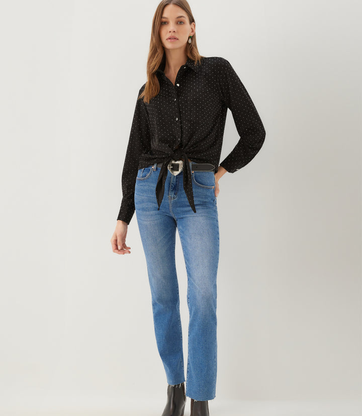 Faux Suede Long Sleeve Embellished Tie-Front Shirt