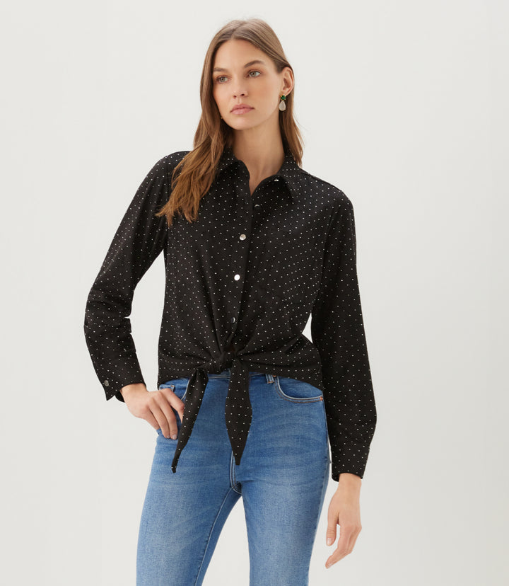 Faux Suede Long Sleeve Embellished Tie-Front Shirt