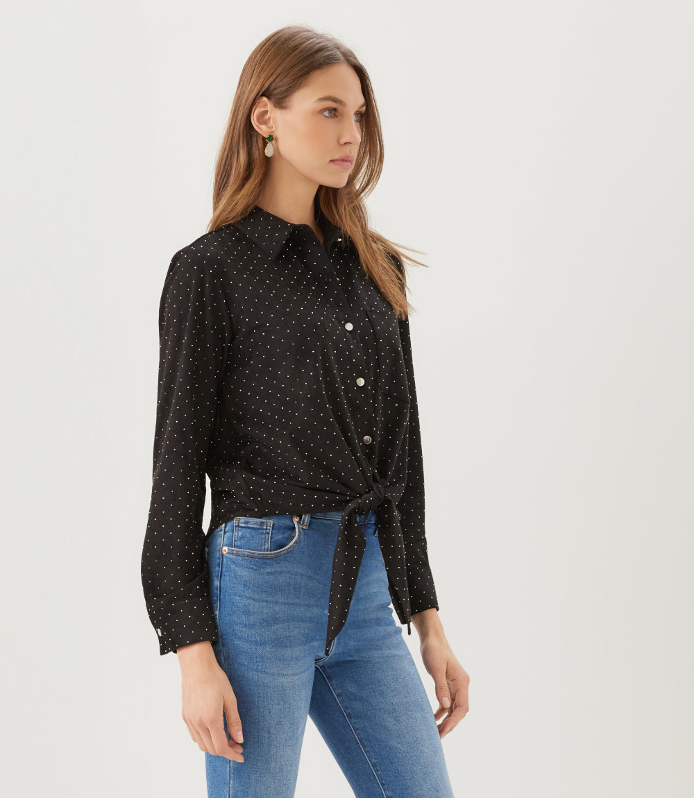 Faux Suede Long Sleeve Embellished Tie-Front Shirt