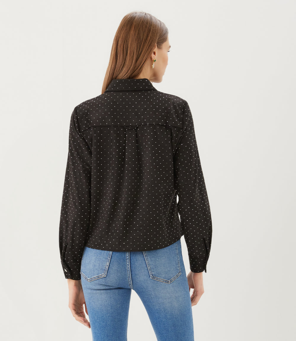 Faux Suede Long Sleeve Embellished Tie-Front Shirt