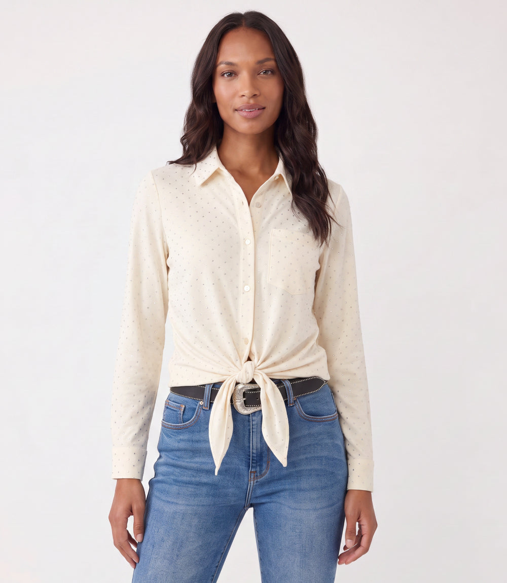 Faux Suede Long Sleeve Embellished Tie-Front Shirt