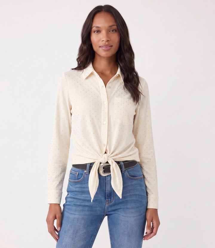 Faux Suede Long Sleeve Embellished Tie-Front Shirt